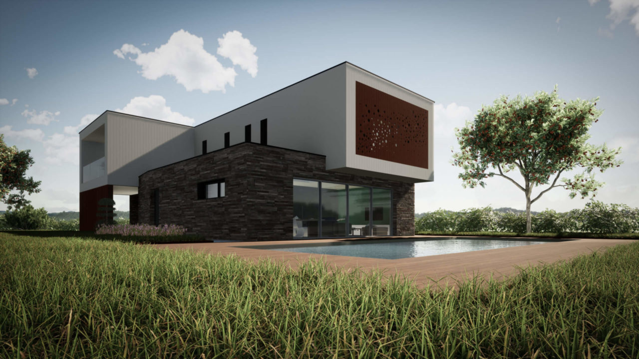 Maison moderne avec piscine sous un ciel dégagé.