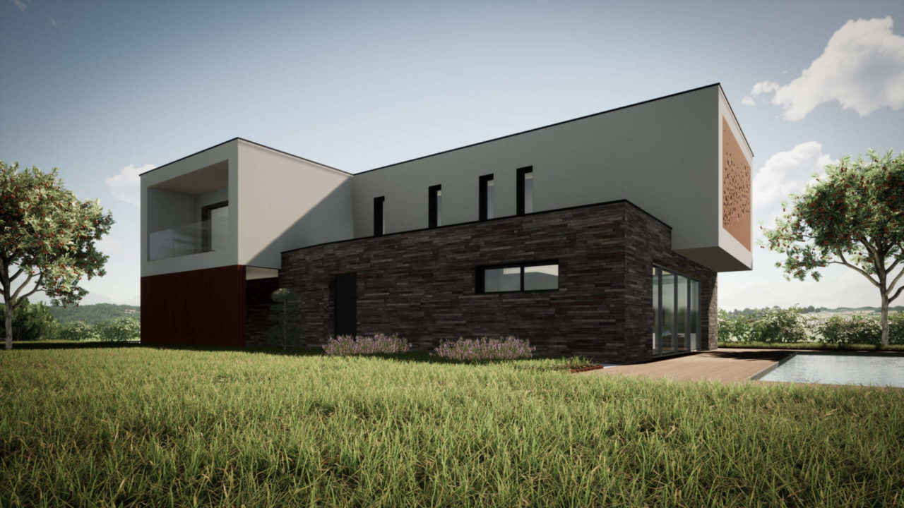 Maison moderne avec piscine entourée de verdure.