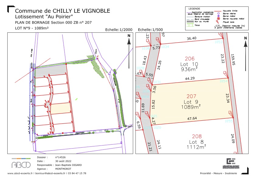 Plan de cadastre avec parcelles colorées et mesures détaillées.