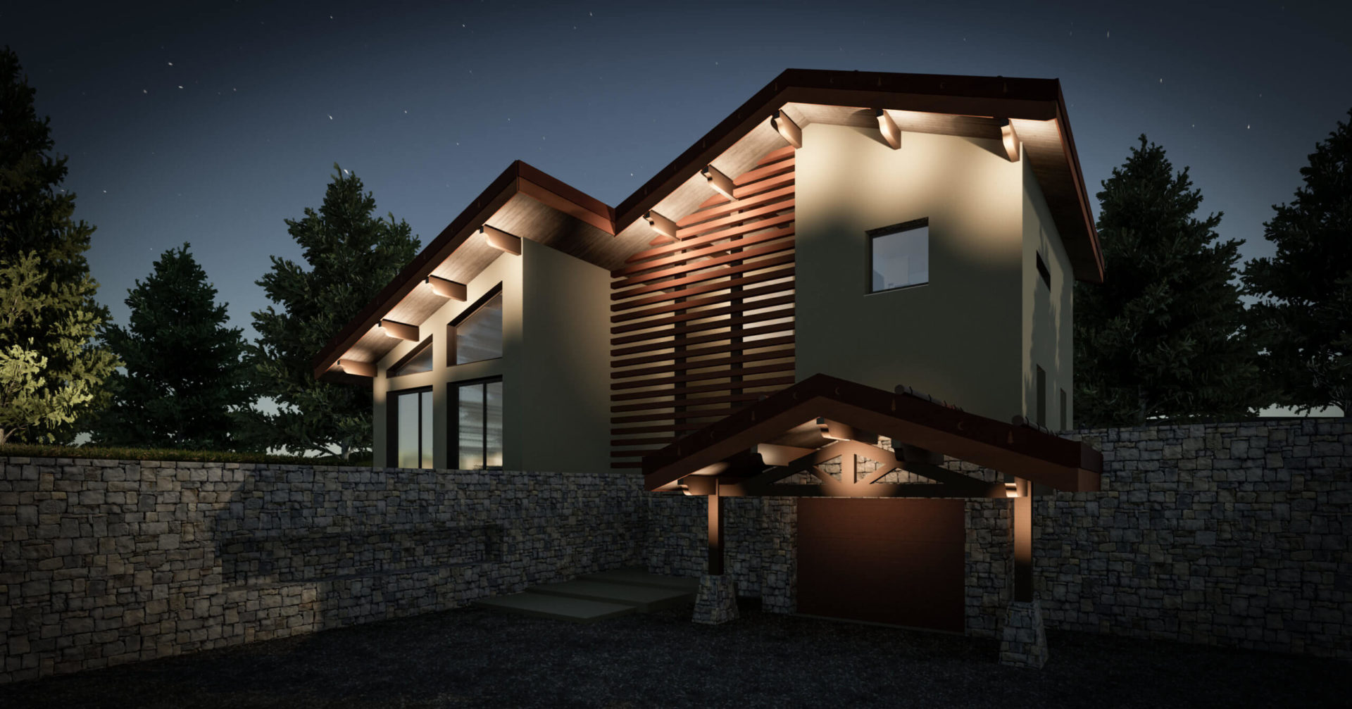 Maison moderne éclairée la nuit.