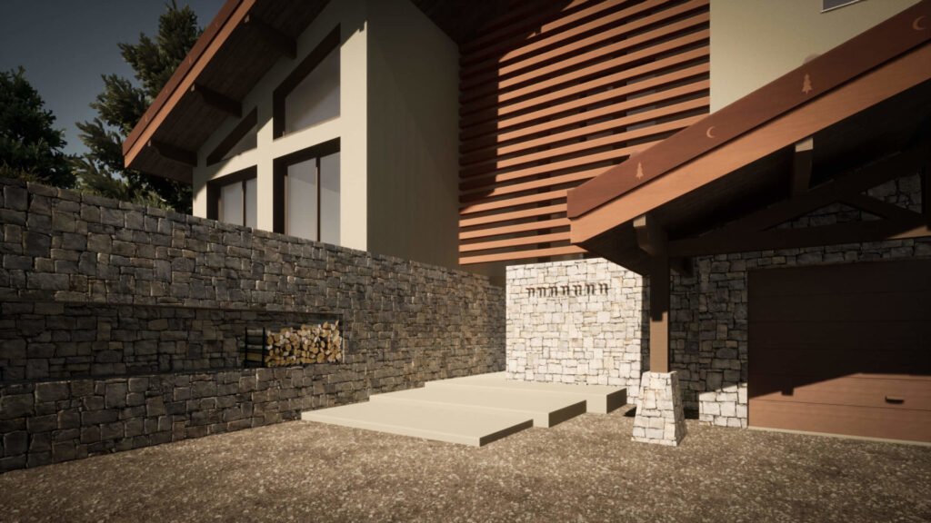 Maison moderne avec murs en pierre et boiseries extérieures.