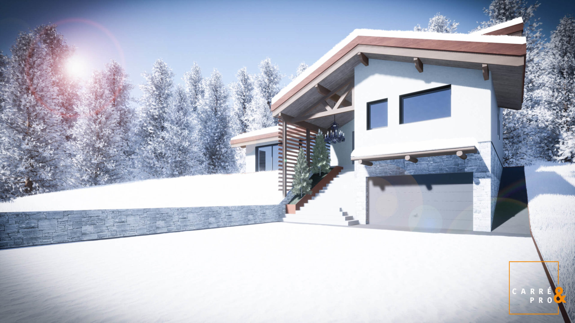 Maison moderne en hiver avec neige et forêt environnante.