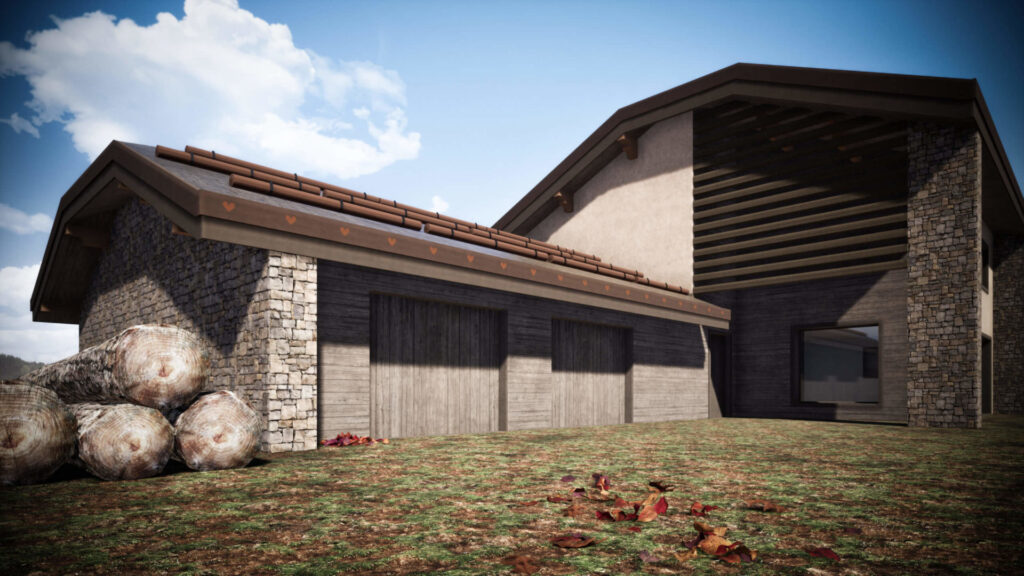 Maison moderne avec des balles de foin devant.