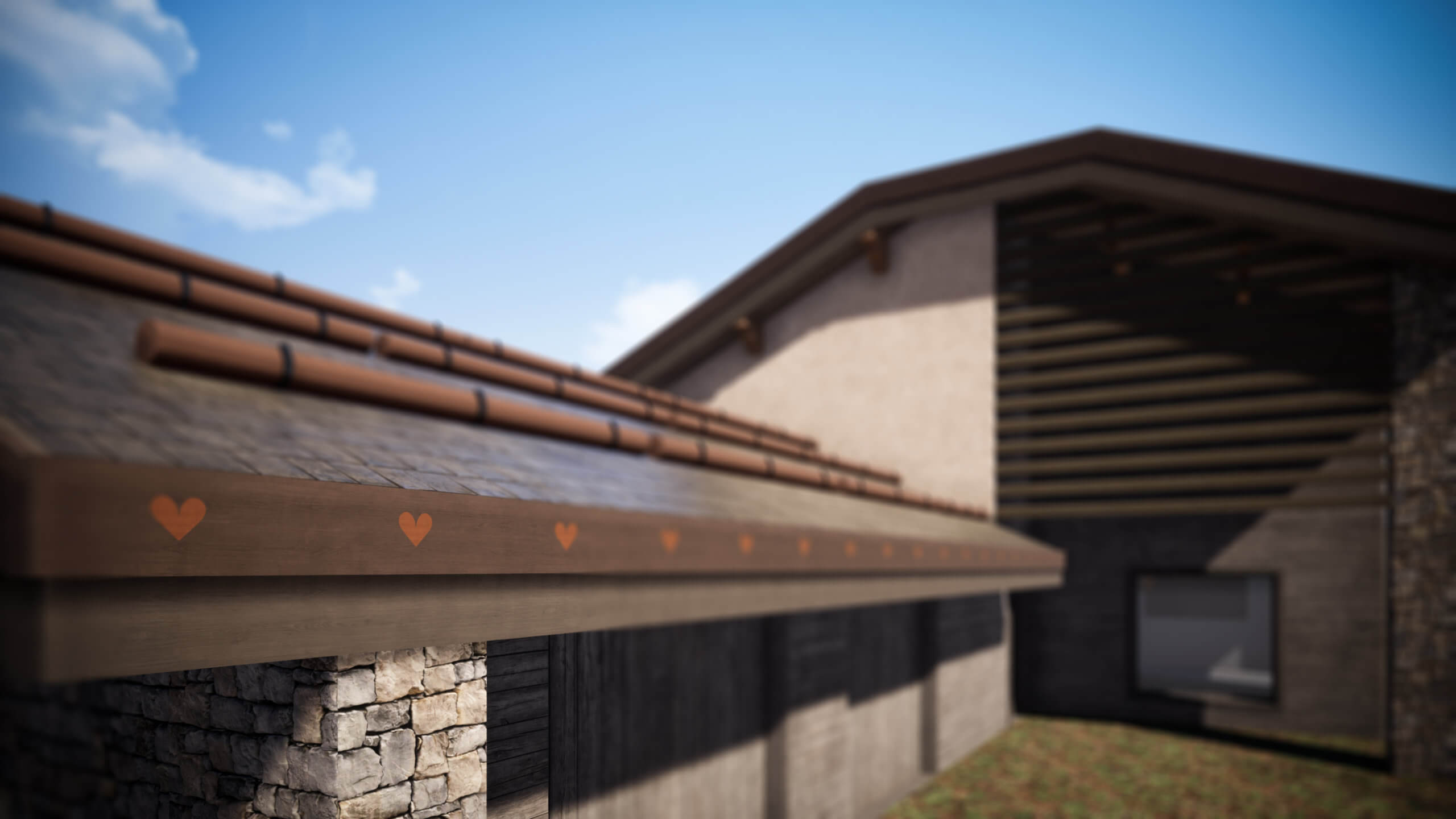 Maison moderne avec cœurs gravés sur une poutre en bois