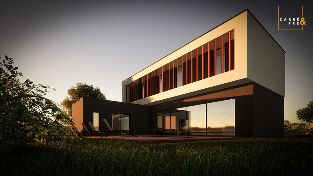 Maison moderne avec jardin au coucher du soleil.