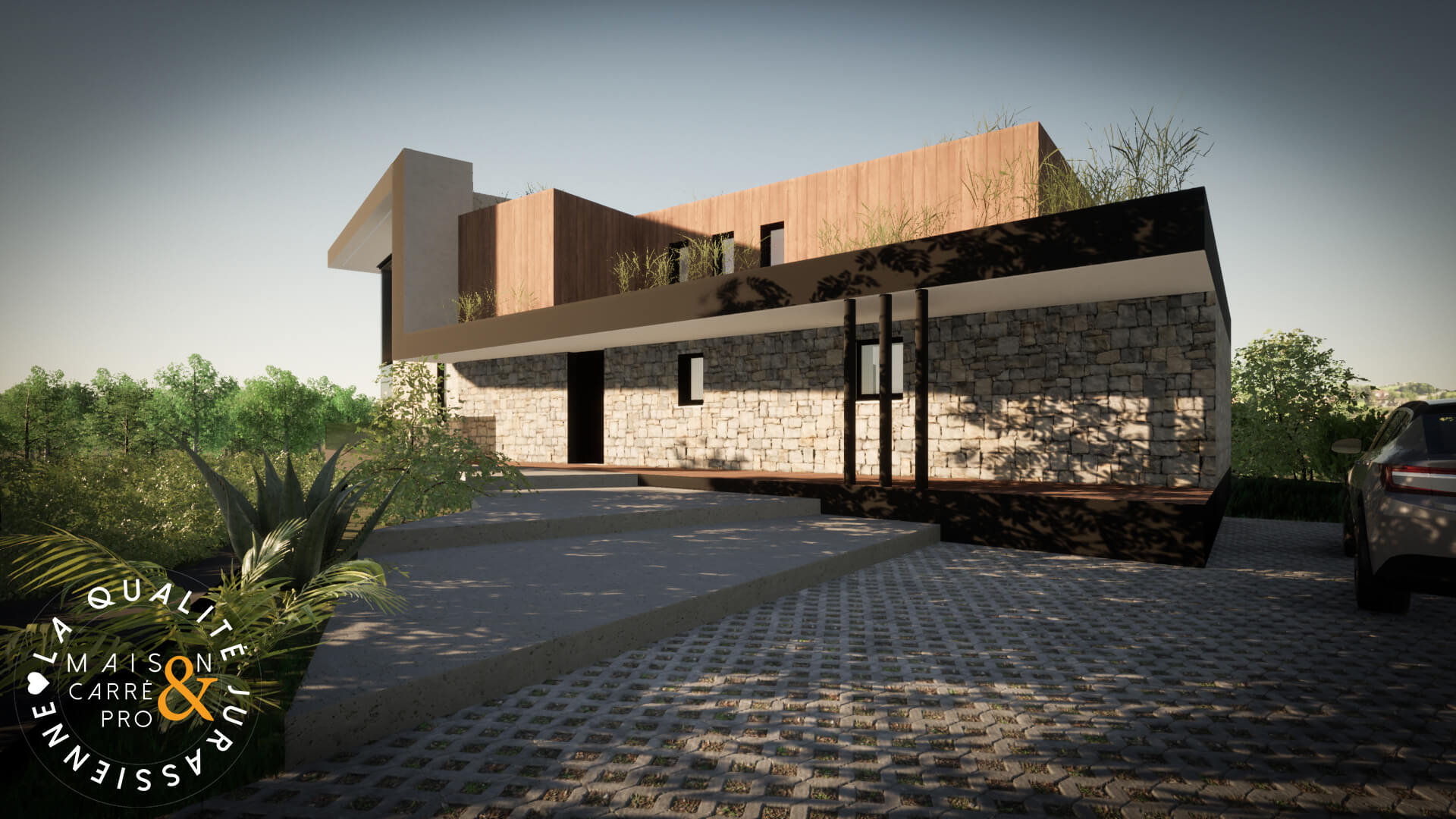 Maison moderne avec façade en pierre et bois.