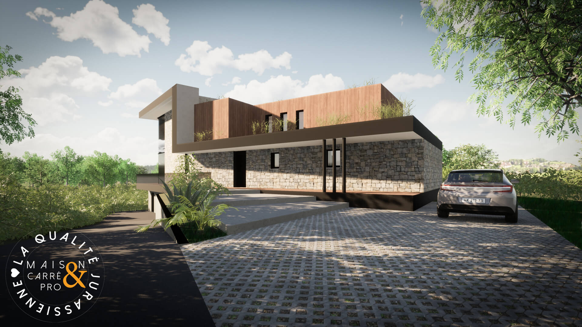 Maison moderne avec voiture et allée, dans un cadre verdoyant.