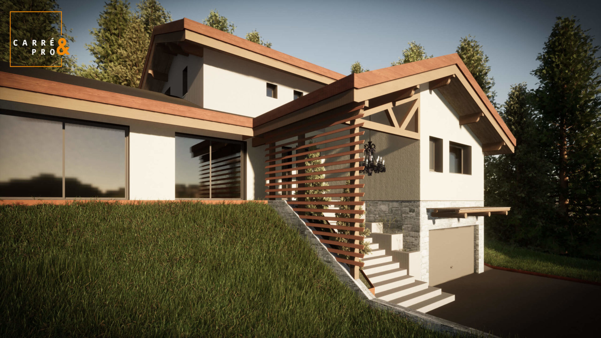 Maison moderne avec jardin au coucher du soleil.