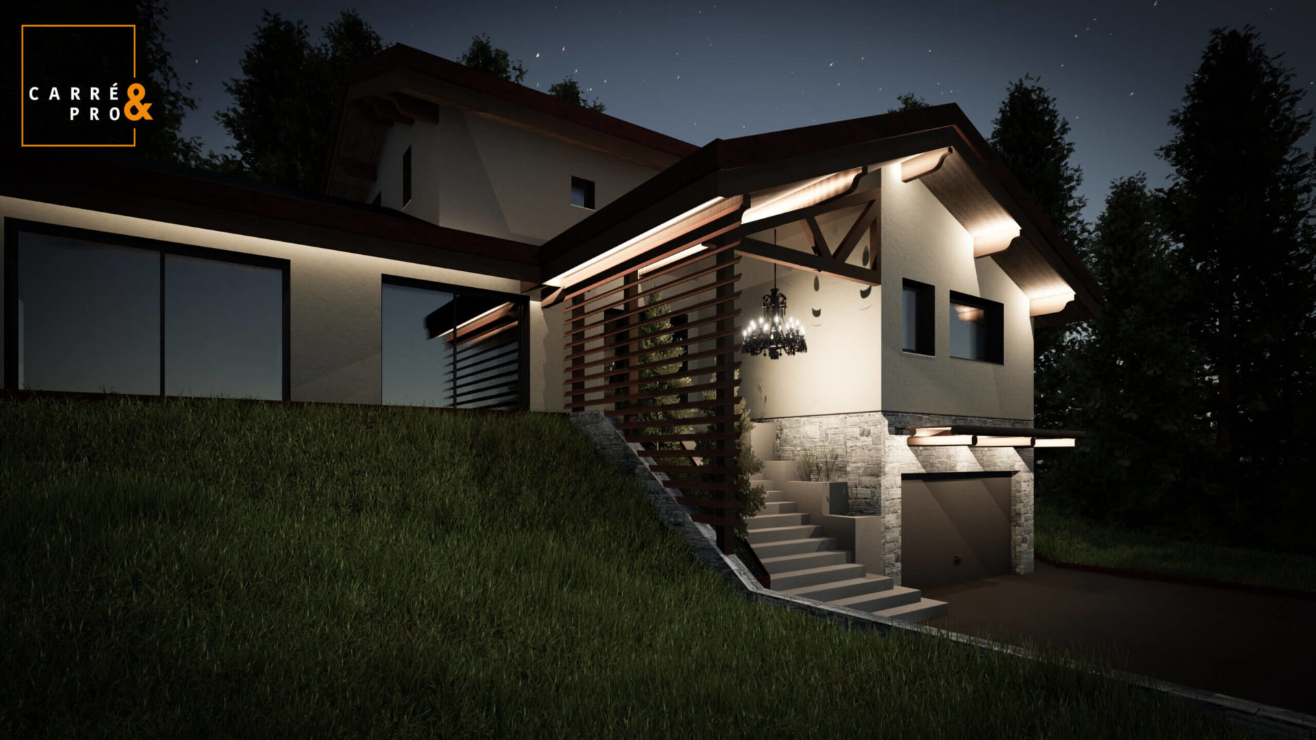 Maison moderne éclairée de nuit avec escalier extérieur.