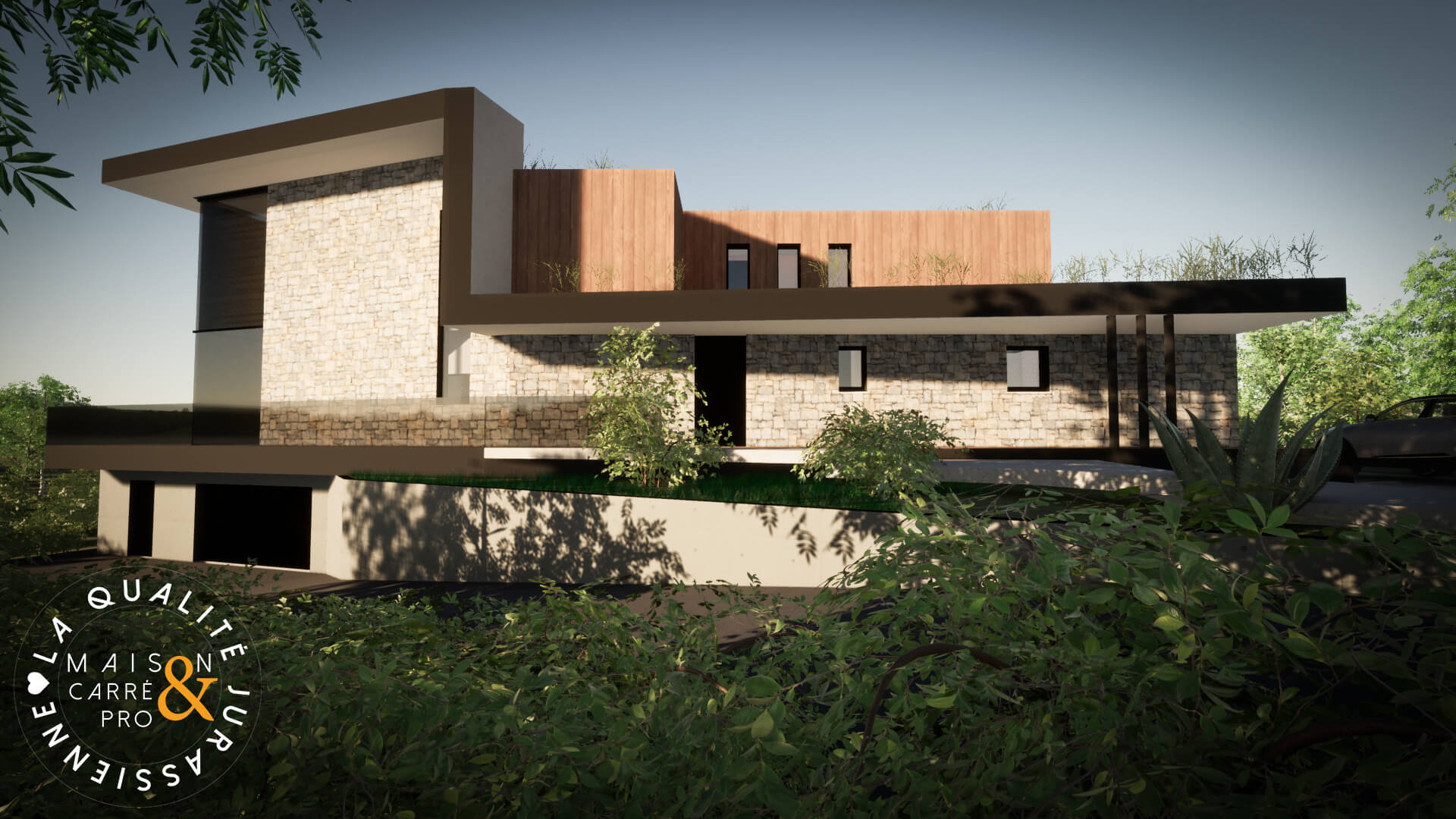 Maison moderne avec jardin, logo "Qualité Maison&Pro" en bas.