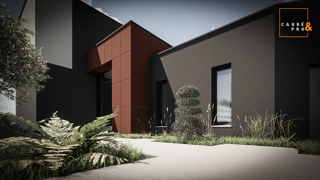 Maison moderne avec jardin et façade noire et rouge.