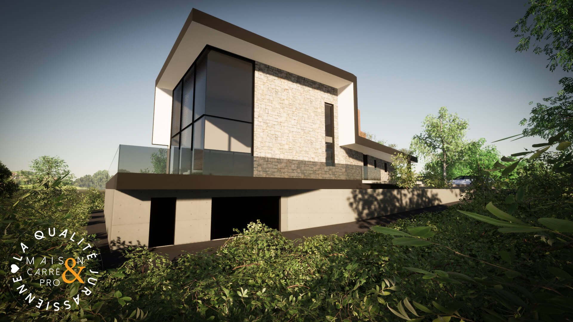 Maison moderne entourée de verdure sous un ciel clair.