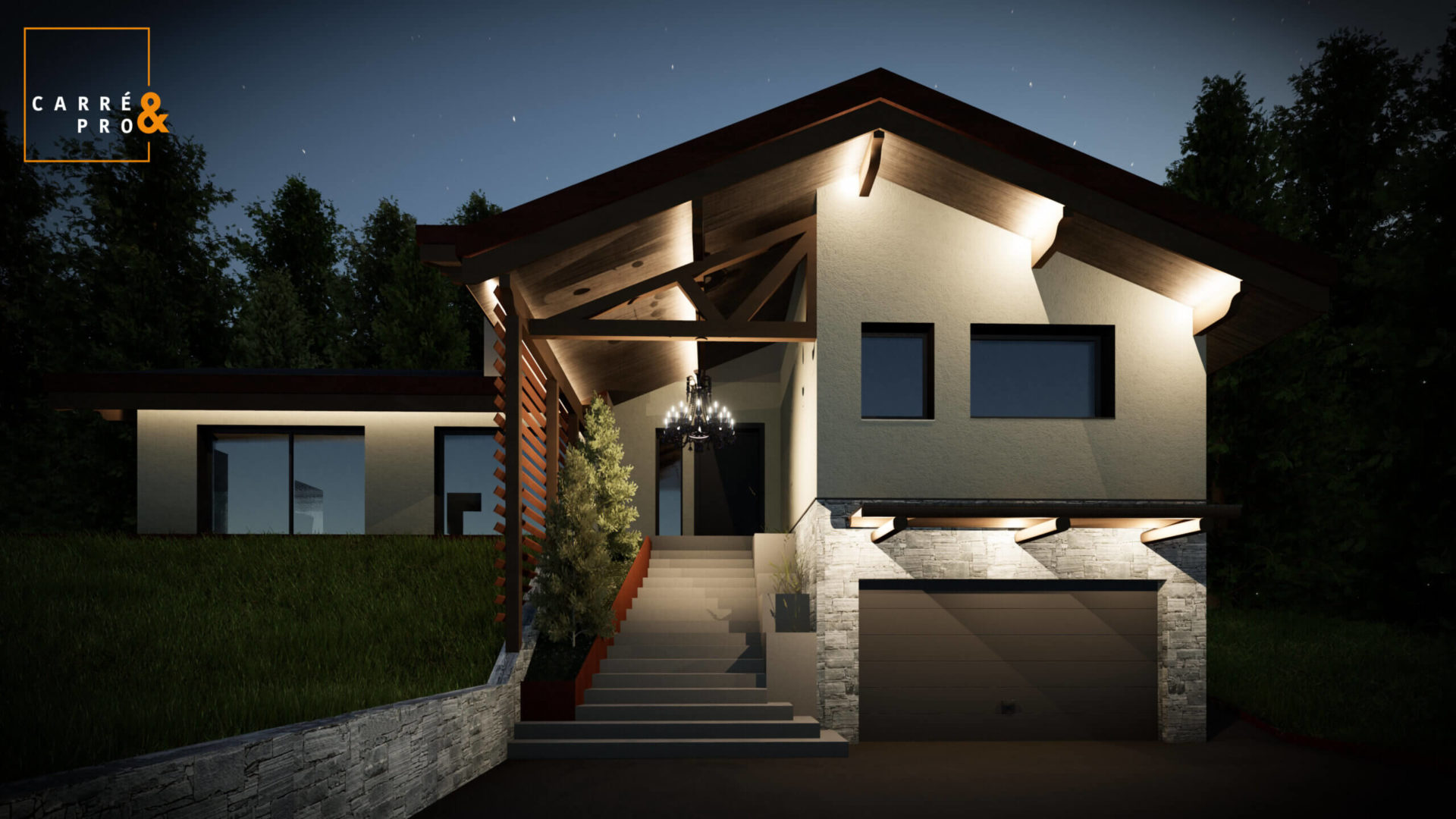 Maison moderne éclairée la nuit avec garage et escaliers.