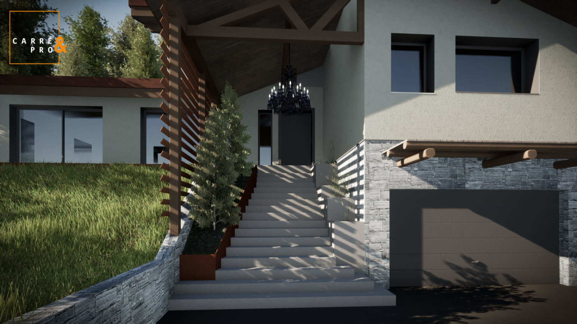 Entrée moderne de maison avec escaliers et garage.