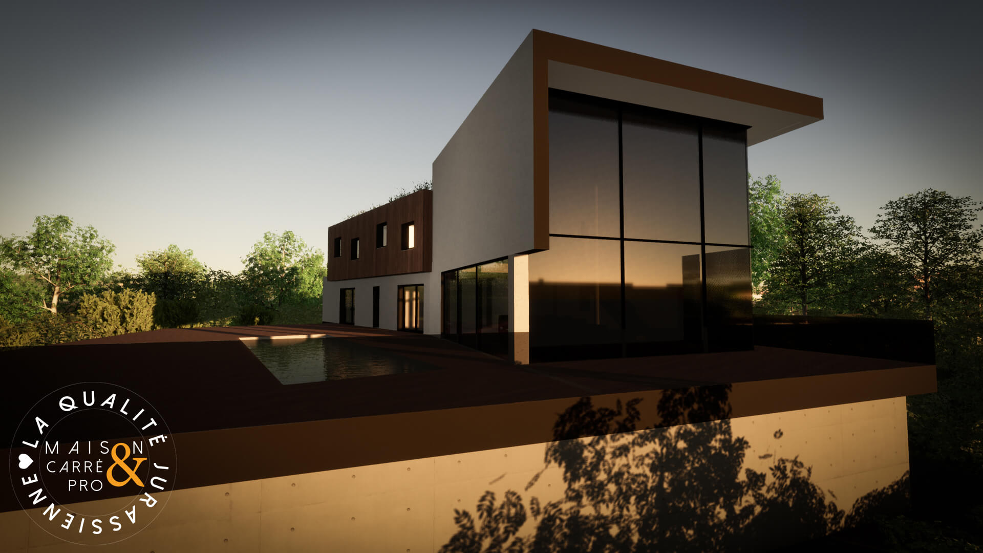 Maison moderne avec piscine au crépuscule.