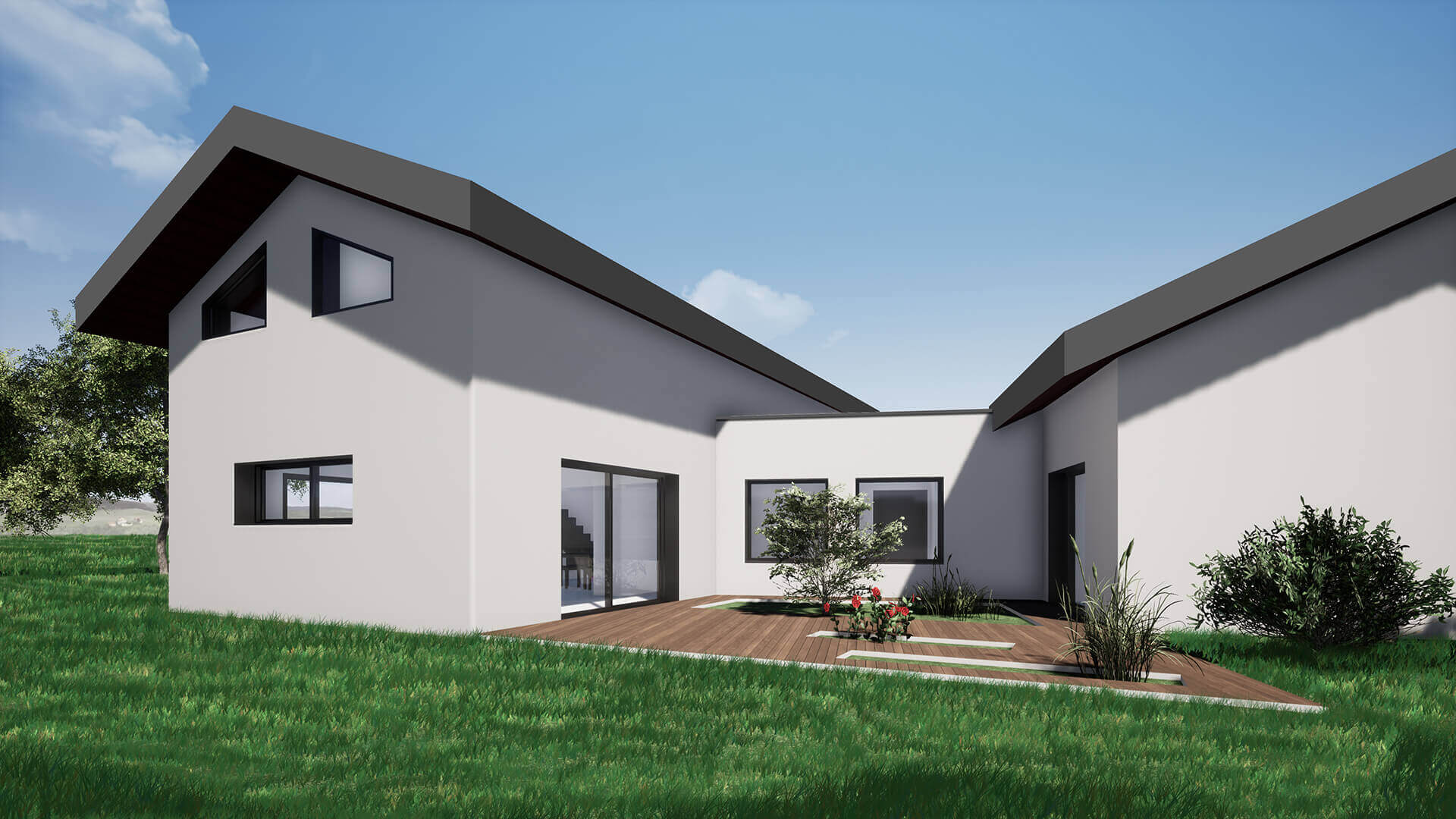 Maison moderne avec terrasse et jardin verdoyant sous ciel bleu.