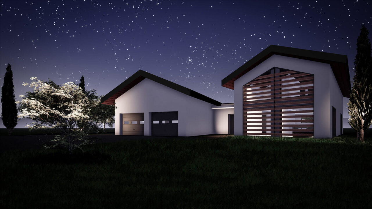 Maison moderne éclairée sous un ciel étoilé la nuit.