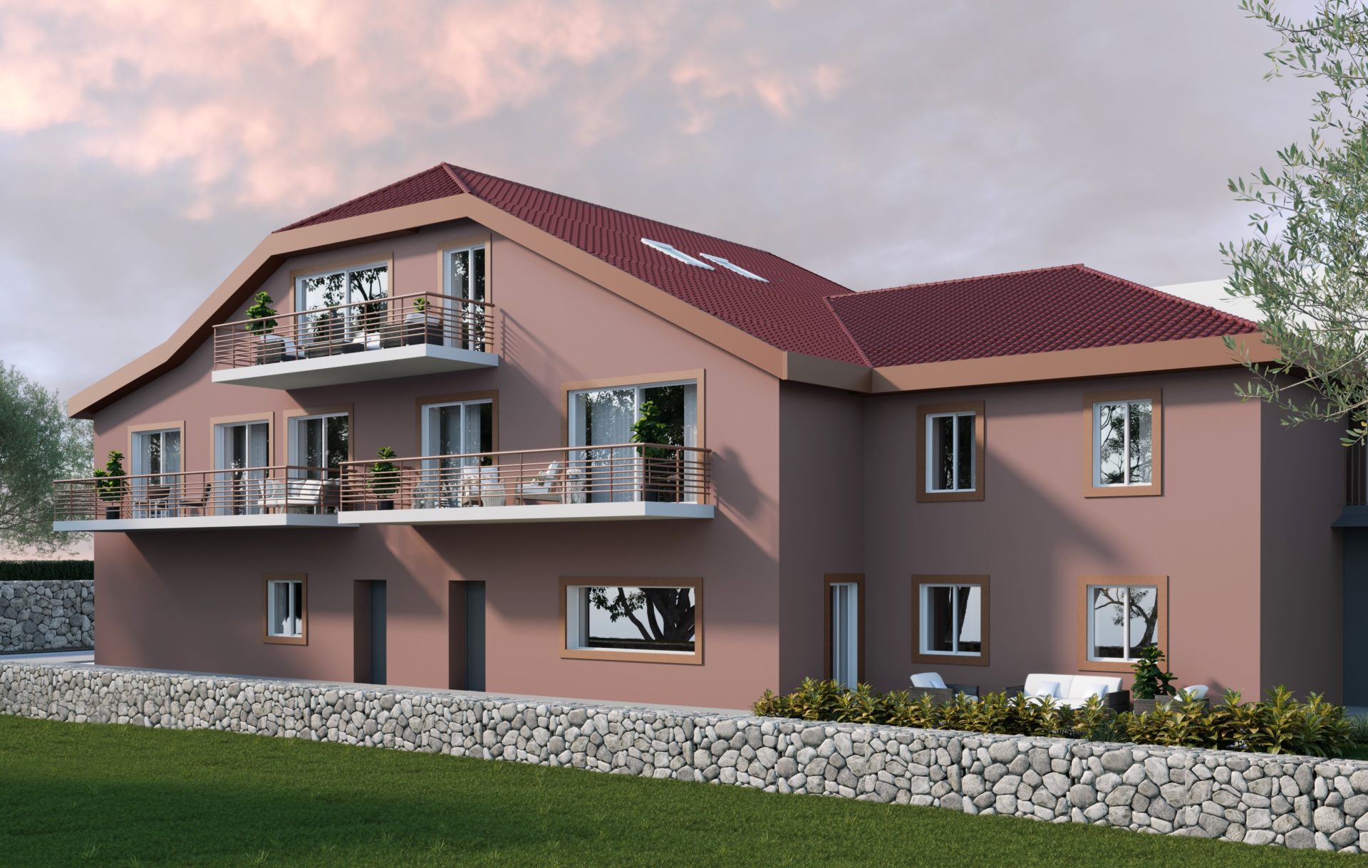 Maison moderne avec toit rouge et jardin bien entretenu.