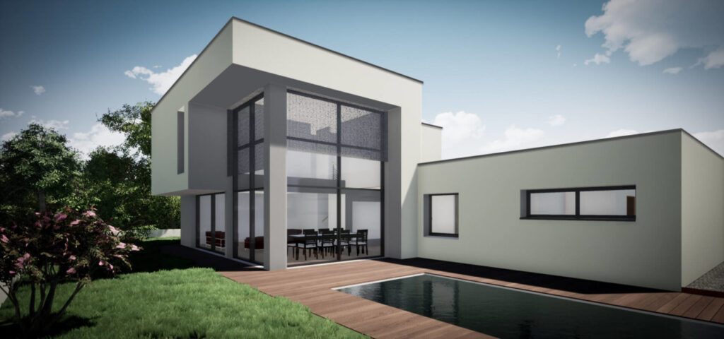 Maison moderne avec piscine et jardin.